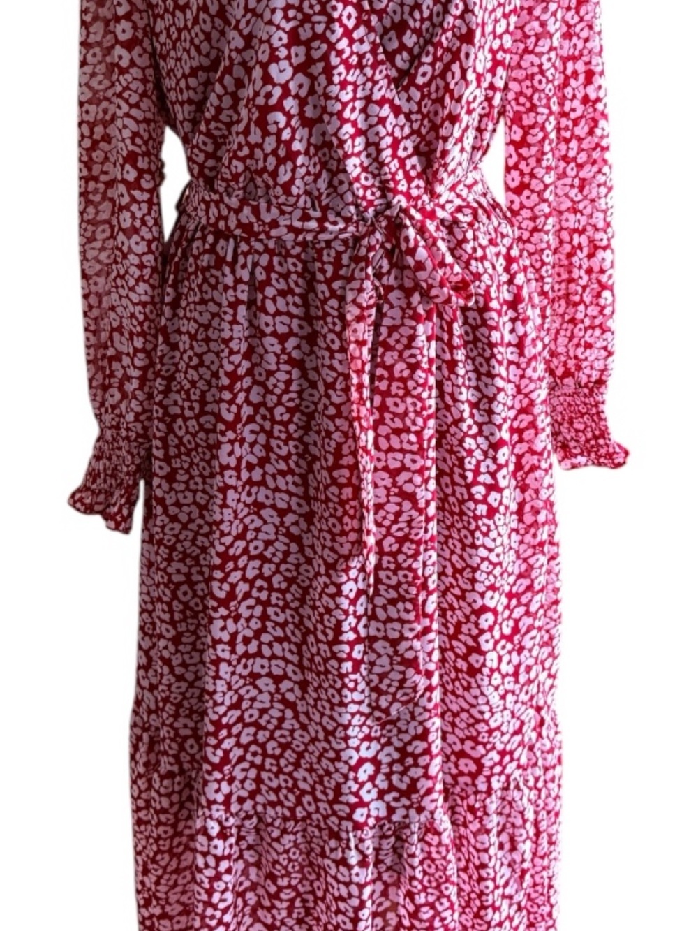 PRETTYGARDEN Womens Large Red White Floral Wrap Midi Dress Long Sleeve V Neck - Picture 10 of 11